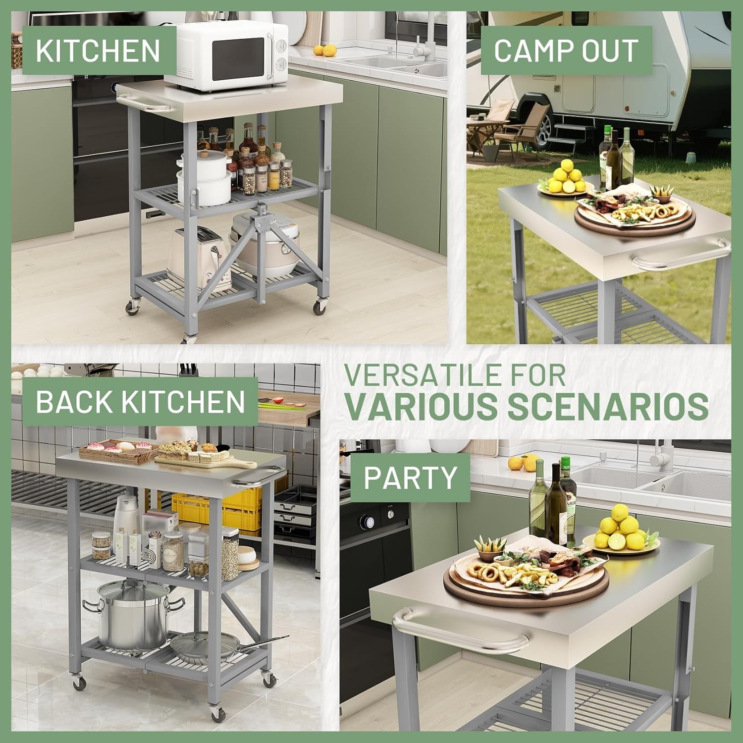 3-Tier Stainless Steel Rolling Utility Cart, 300 LBS Foldable Service Table