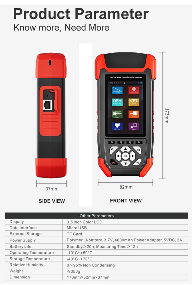 Fiber Optic Reflectometer Handheld OTDR Tester Time Domain Reflectometer 24/22dB