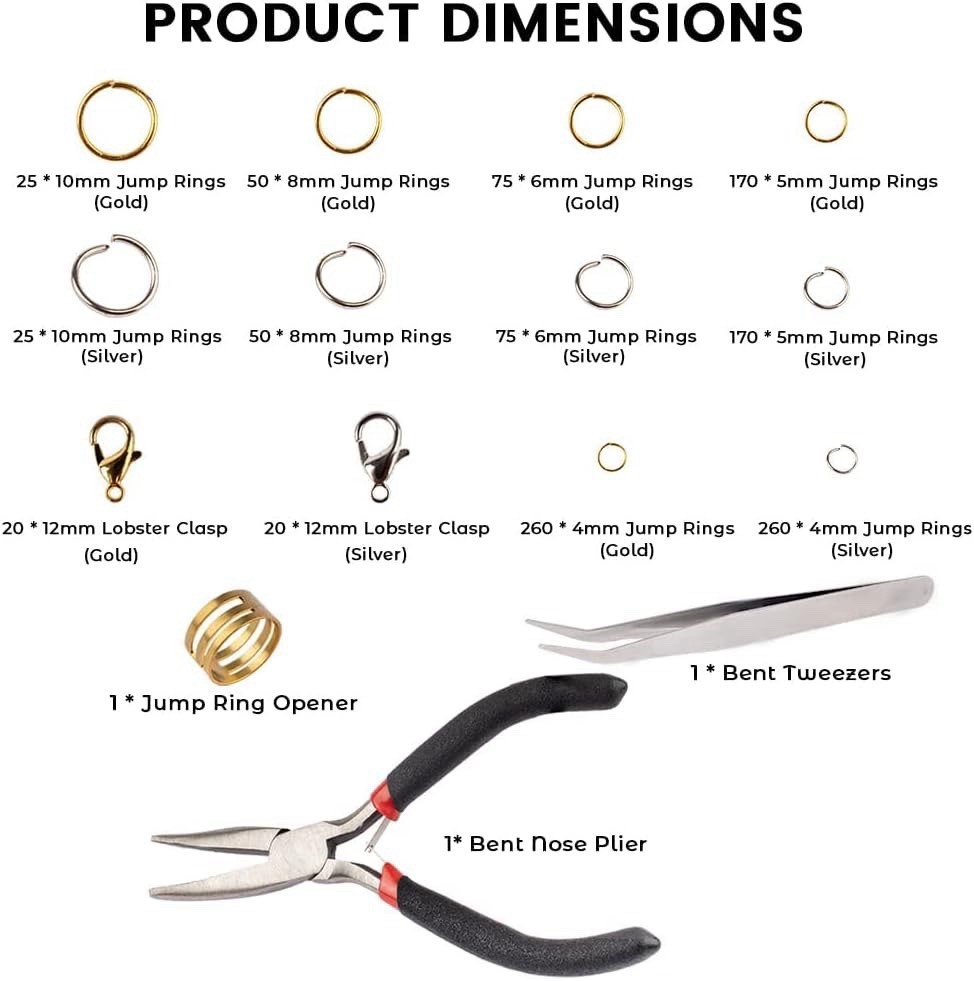 1200pcs Open Jump Rings and Lobster Clasps Jewelry Fixing Kit With Tools Gold/si