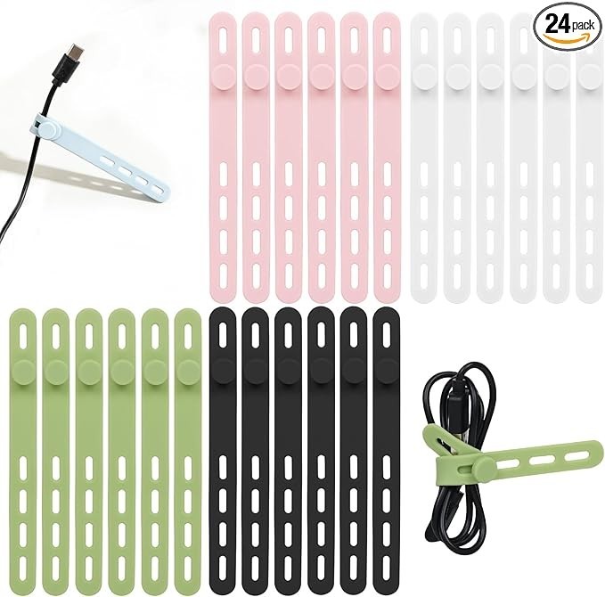 24 Pack Reusable Silicone Cable Ties Adjustable Cord Organizer