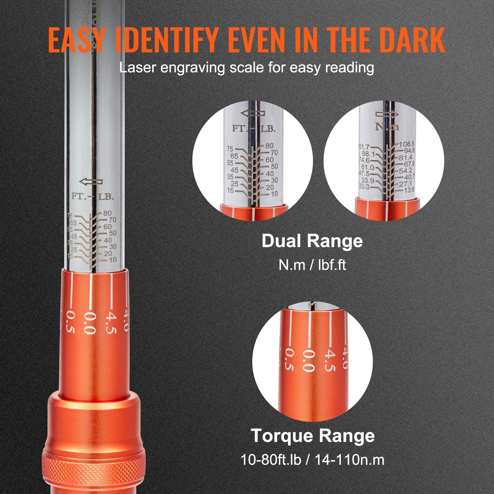 VEVOR Torque Wrench Adjustable Torque Wrench 3/8" Drive 10-80ft.lb/14-110n.m