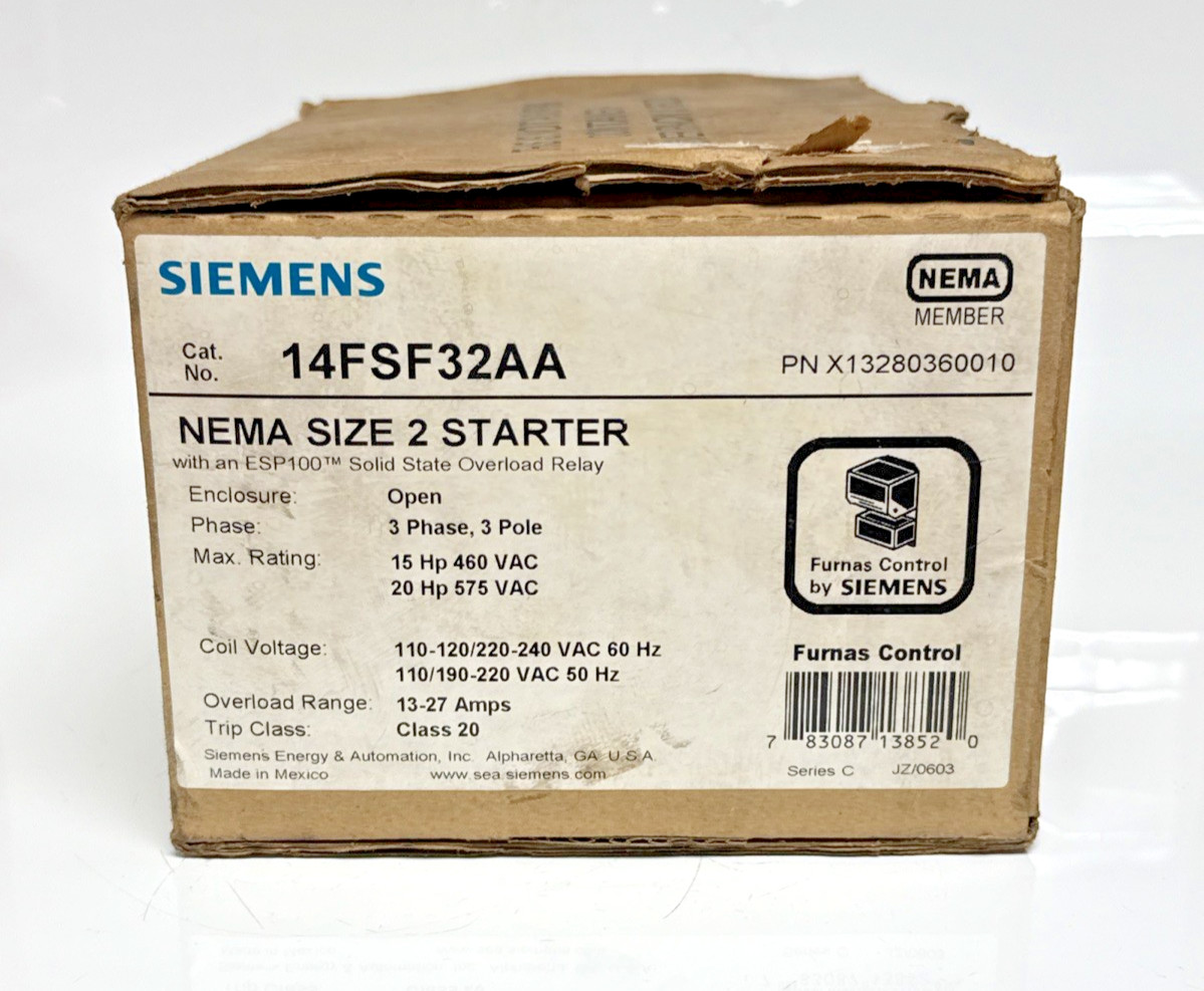 Siemens 14FSF32AA Size 2 Magnetic Starter 3P 3Ph ESP100 Overload 13–27A
