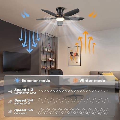 Ceiling Fan with Lights, 46" Flush Mount Ceiling Fans Remote/APP Control Black