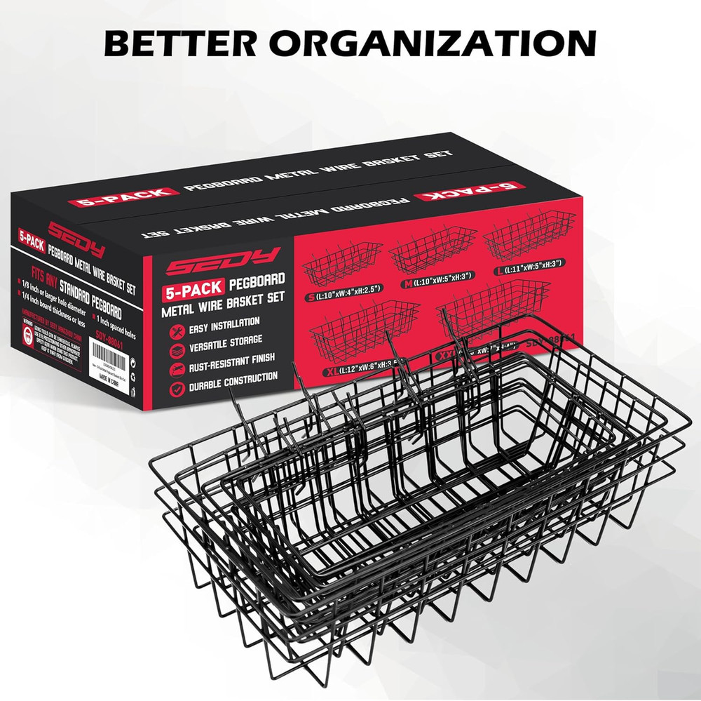 5 Piece Pegboard Baskets Set Heavy Duty Peg Board Organizer Accessories Bin Set