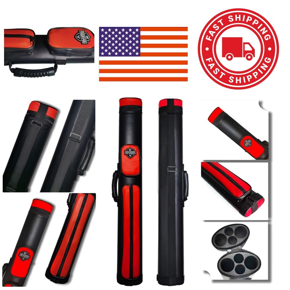Billiard Cue Carrying Case 2 Load 4 Compartment Adjustable Strap Solid Red