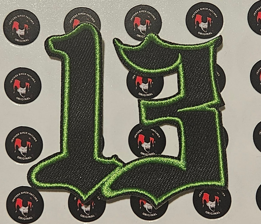 Number 13 Green on Black # 13 Patch Motorcycle Patch Biker Patch