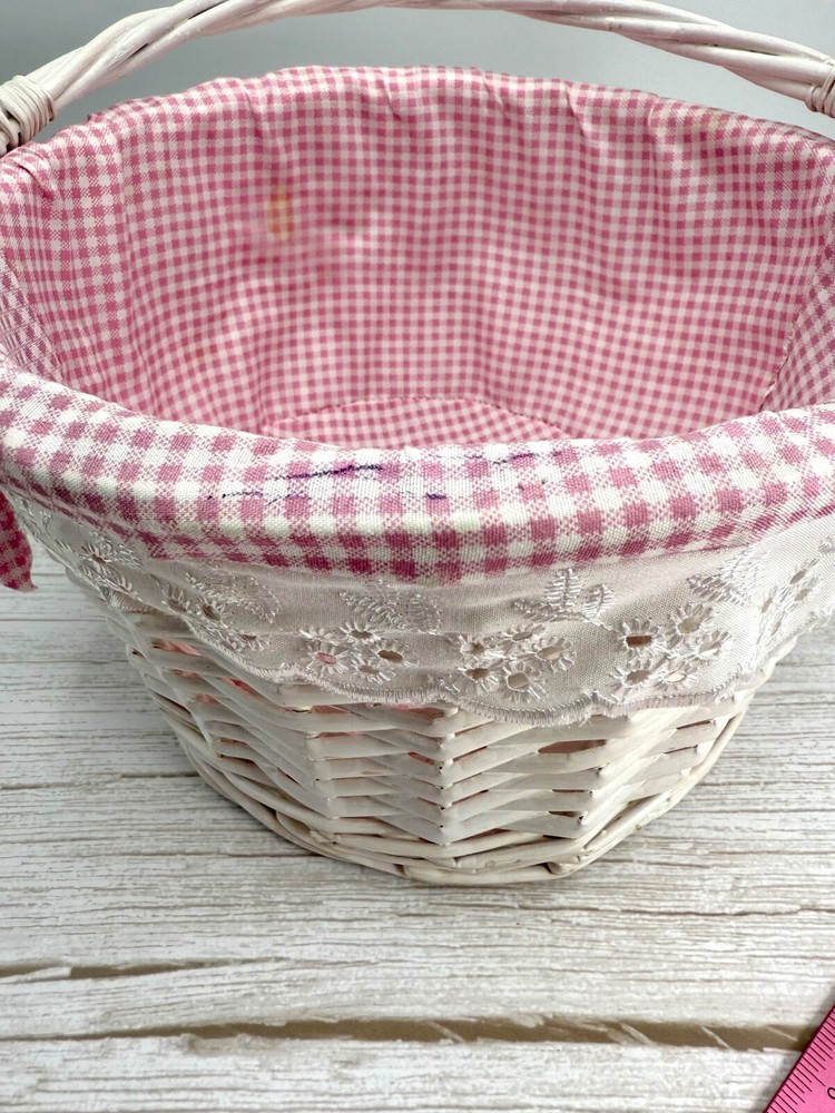 White Round Willow Woven Basket Pink Gingham Liner w/ Folding Drop-Down Handle