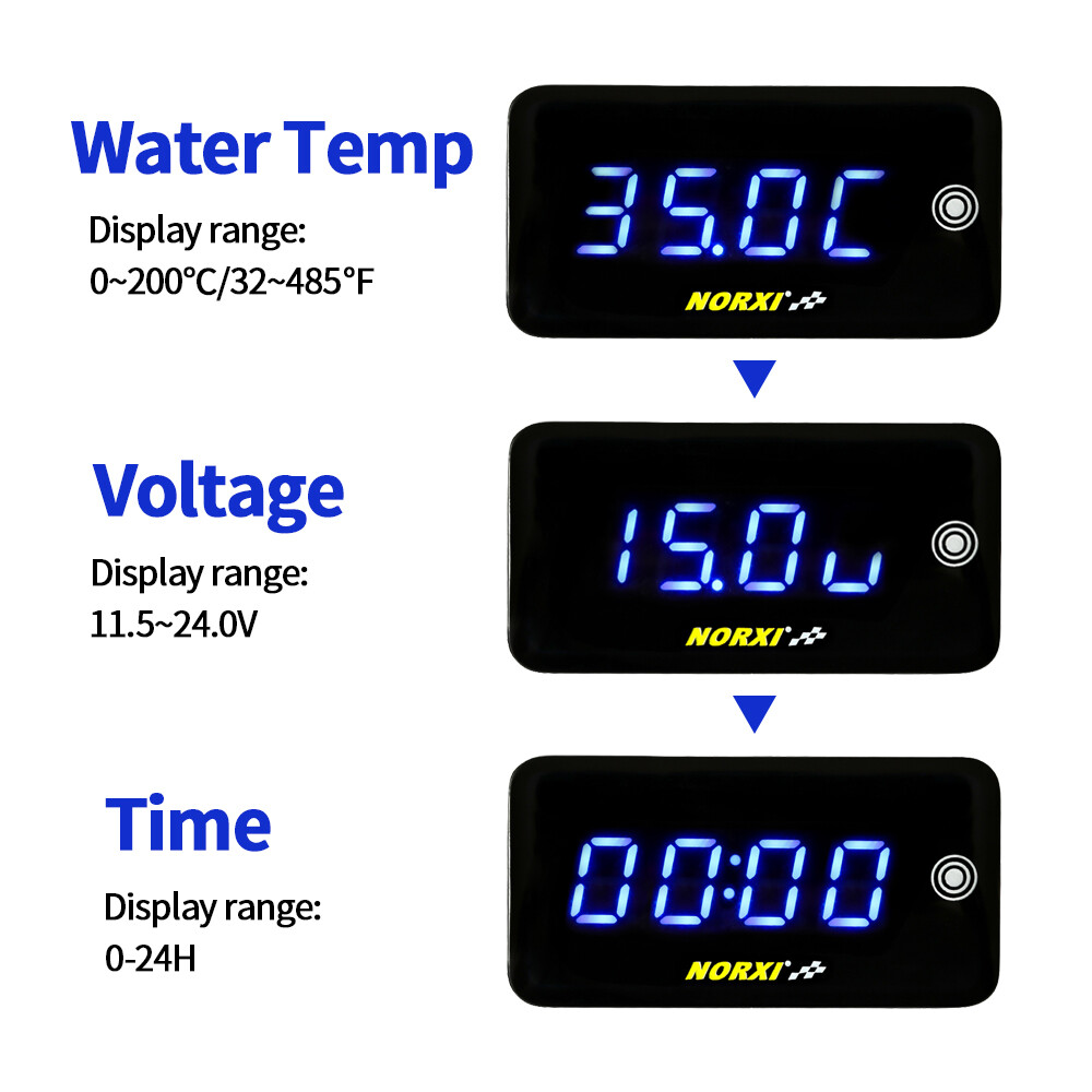 Automatic Water Temp Thermomete Voltage Time NORXI LED Display adapter 18MM