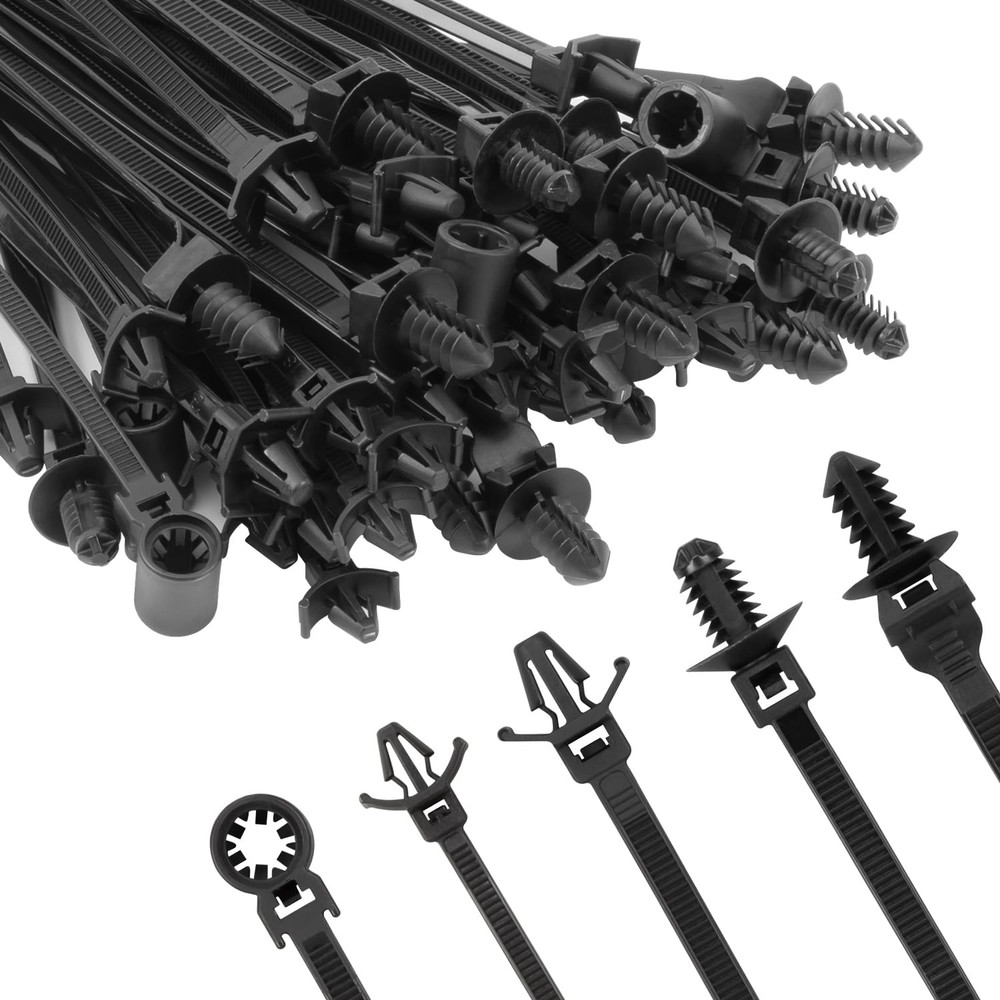 110 PCS Automotive Installation Black Push Mount Cable Zip Ties Assorted Sizes,