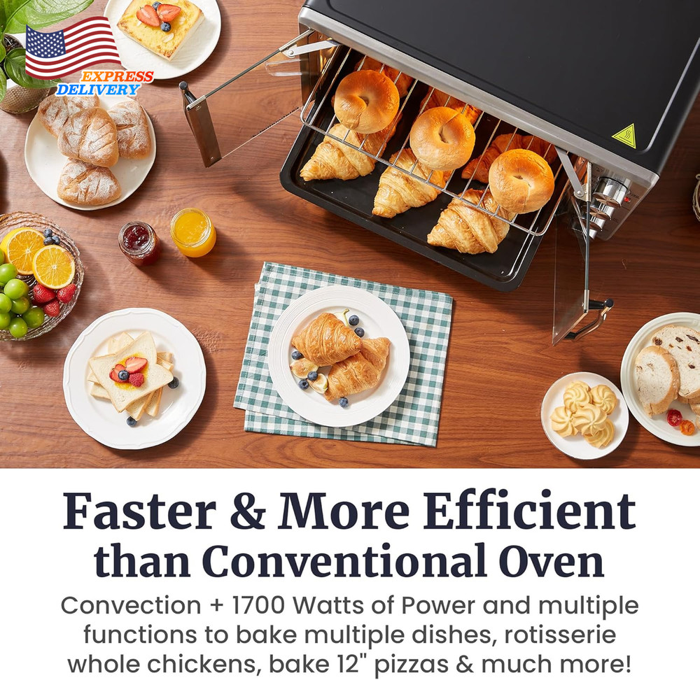 45L Countertop Convection Toaster Oven Adjustable Temperature & Timer Rack NEW