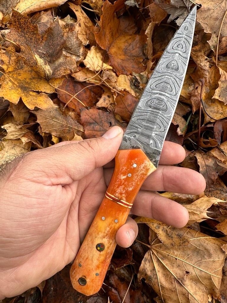 Custom Double-Edged Damascus steel Dagger boot Knife Hunter Camel Bone Handle