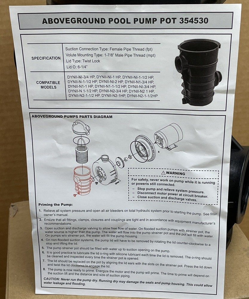 354530 Fits Pentair Dynamo Replacement Above Ground Pool Pump Pot