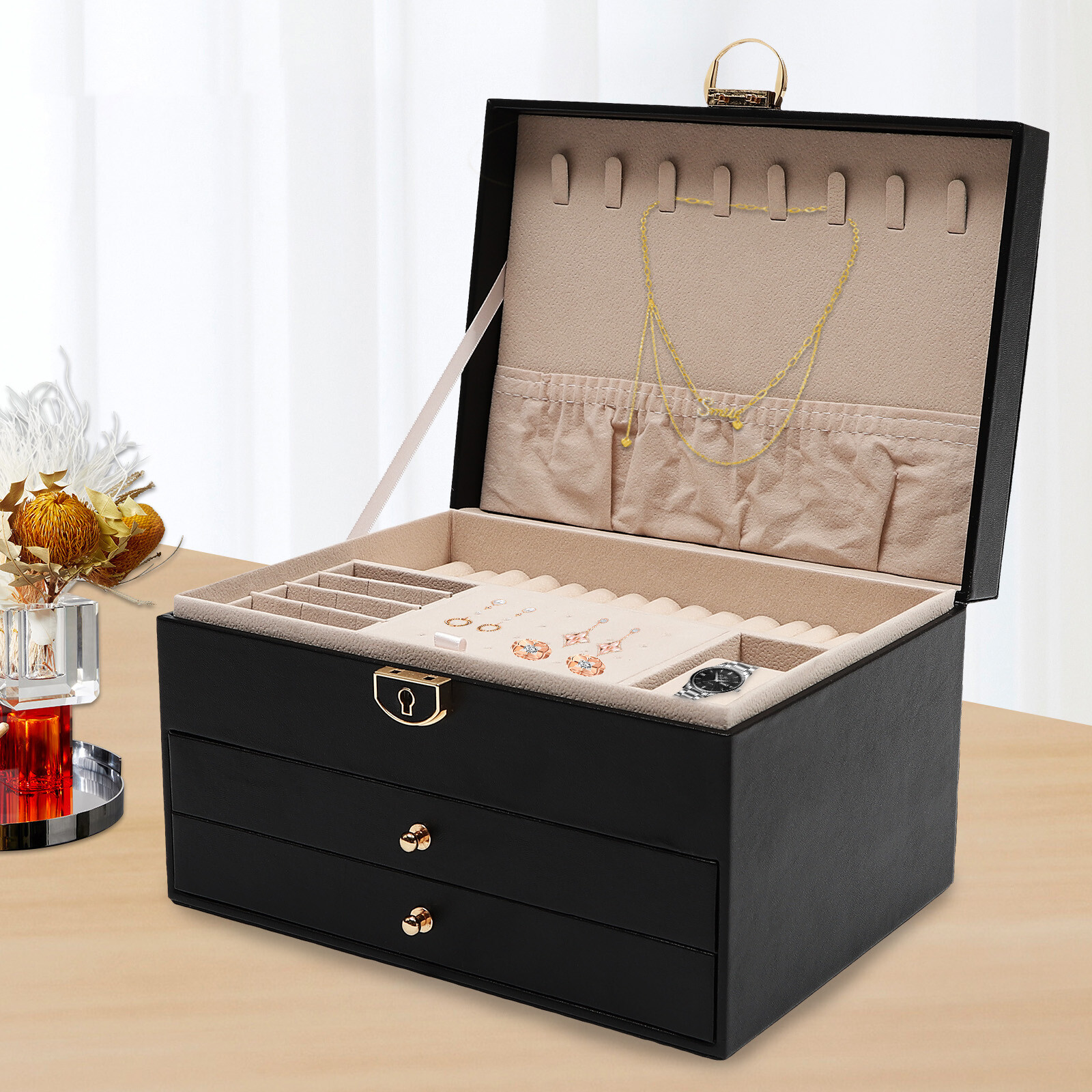 3-Layer Lockable Jewelry Box Organizer with Velveteen Lining