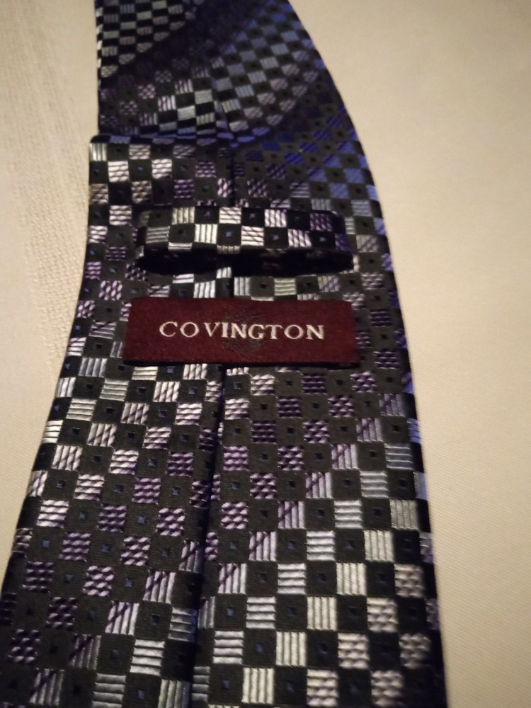MENS NECK TIE SILK COVINGTON BLACK SILVER GRAY PATTERN