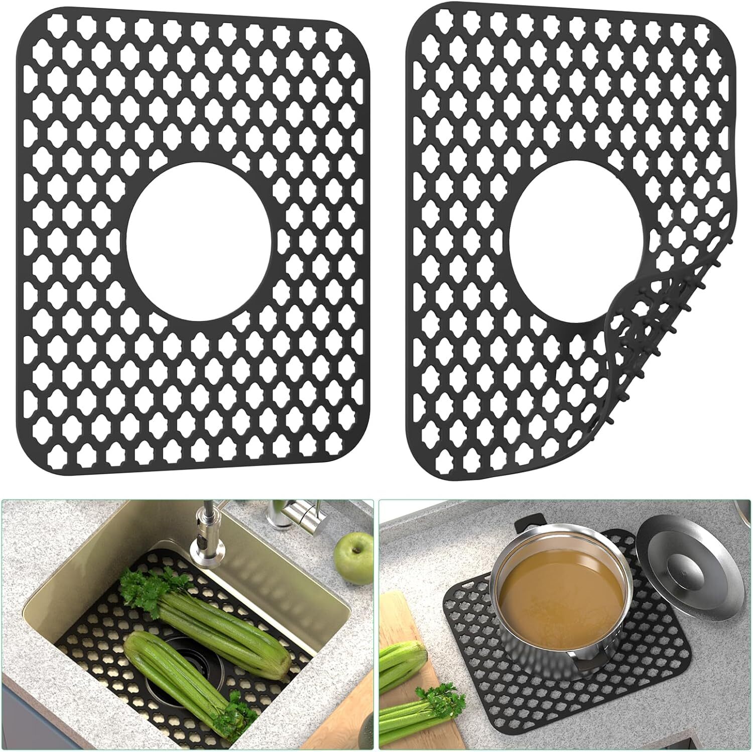 2 PACK Silicone Sink Mat Grid Kitchen Protector Folding Non-slip w/ Center Drain