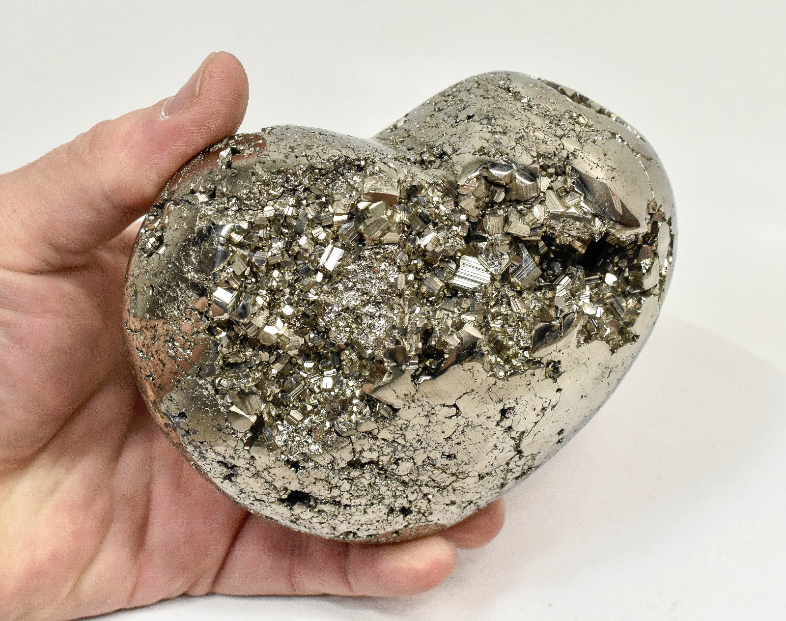 4.60" Polished PYRITE CRYSTAL HEART Carving Huanzala mine, Peru T708