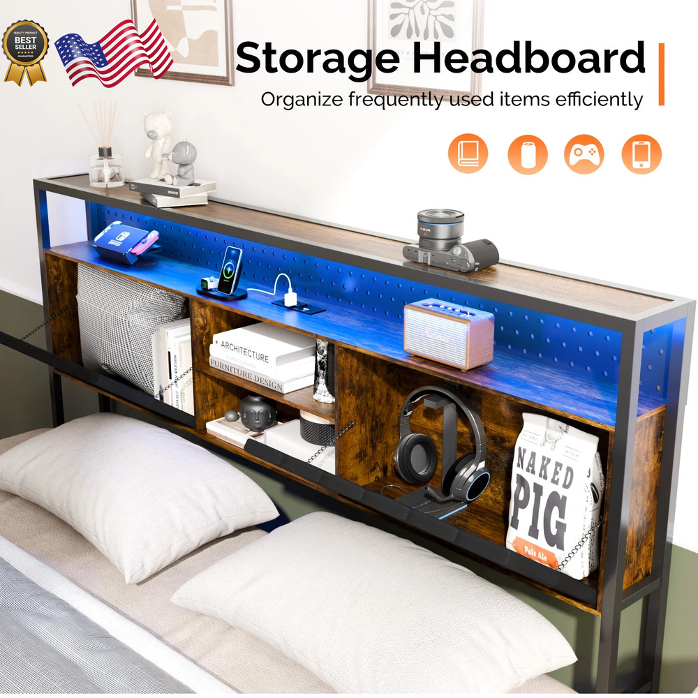 KING SIZE Floating Platform Bed Frame With Charging Station Storage Headboard