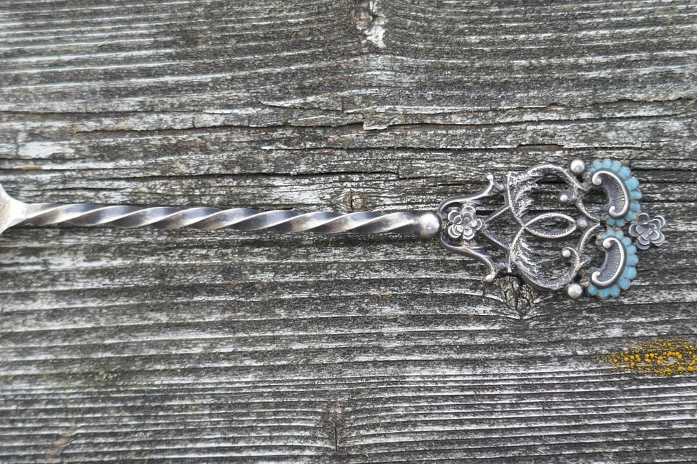 Antique Dated 1894 Sterling Silver & Enameled Twist Handle Teaspoon