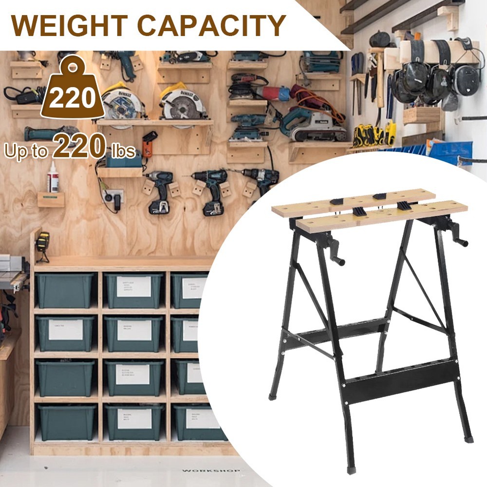 Folding Sawhorse Worktable 4 Bench Dogs Adjustable for Woodworking Projects