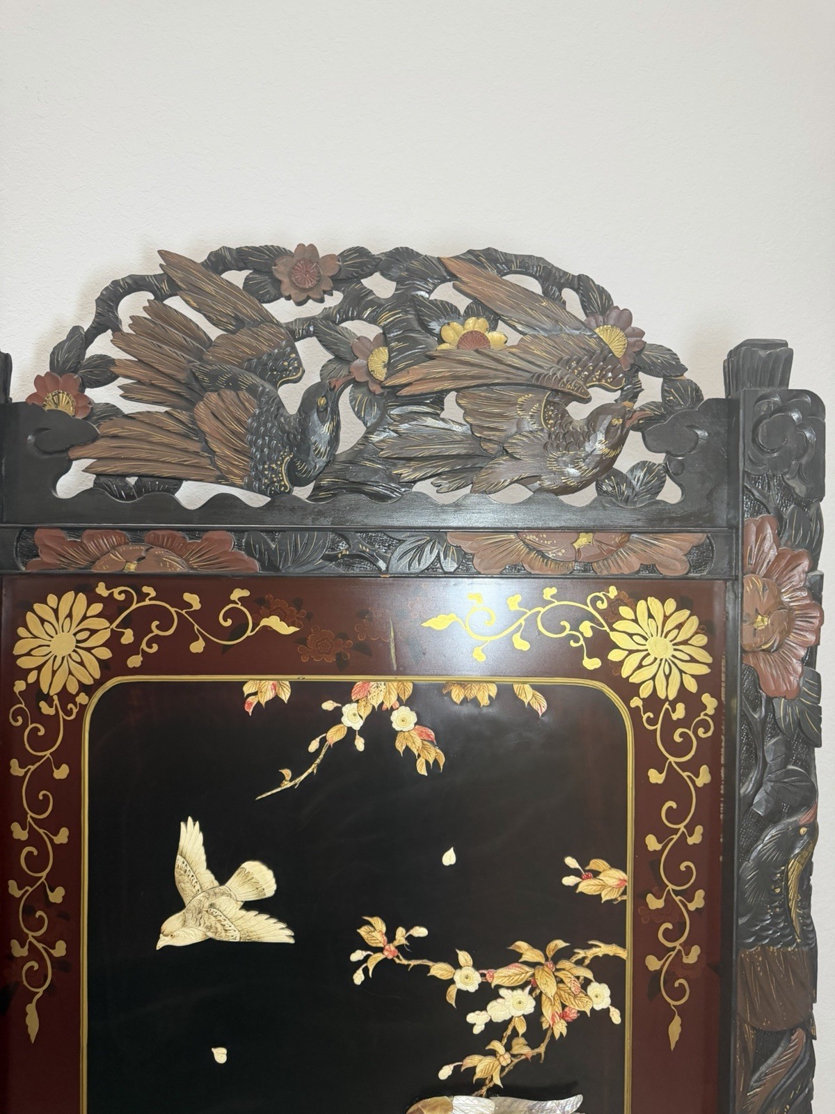 Asian Style Hand Painted Carved Wood Room Divider Birds & Flowers