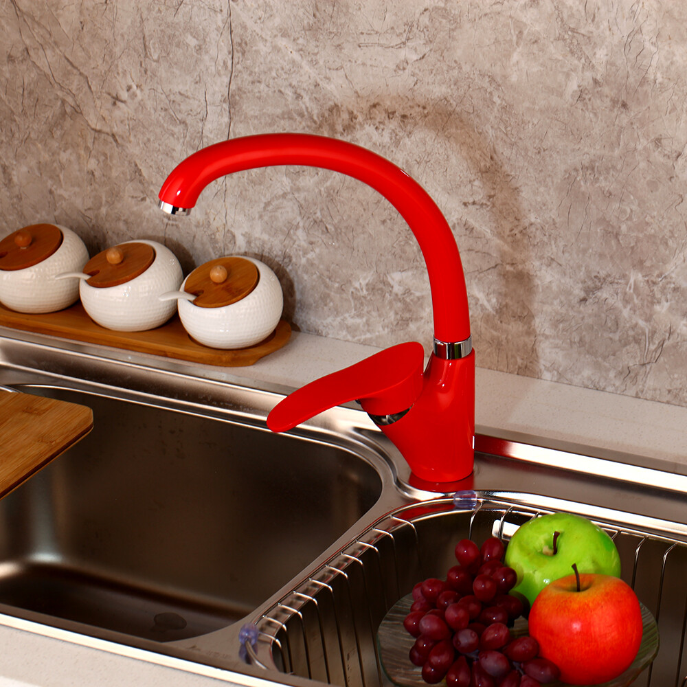 Kitchen Basin Red Faucet Deck Mounted Single Handle&Hole Brass Mixer Vanity Taps