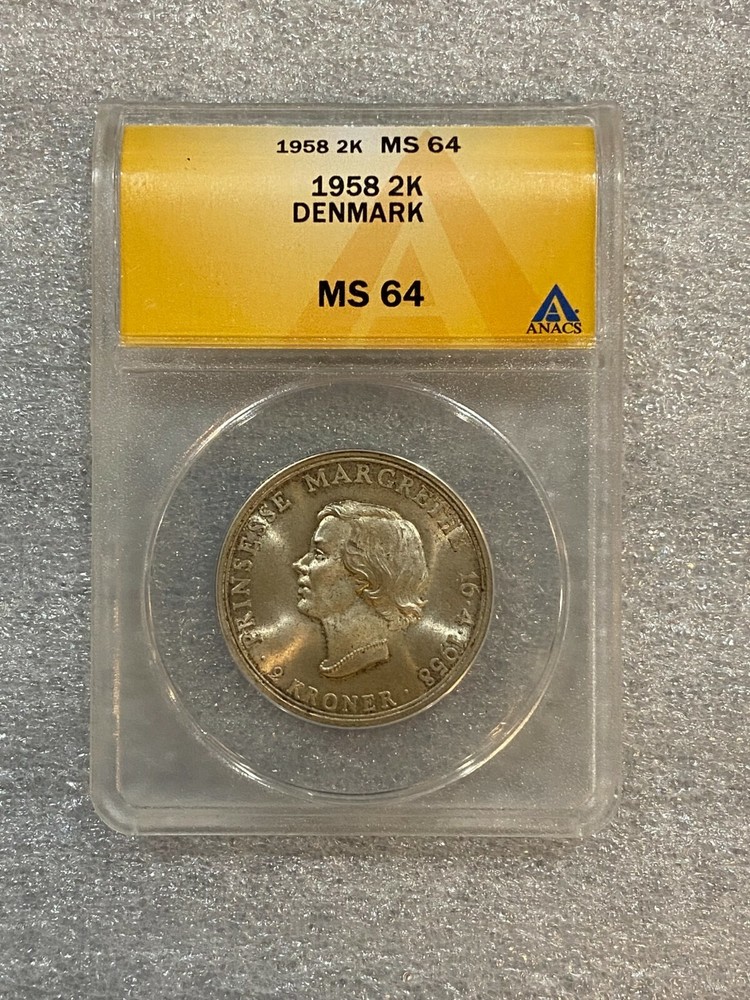 1958 Denmark 2 Kroner ANACS MS64 ~~UNC GEM ~~ Silver Coin