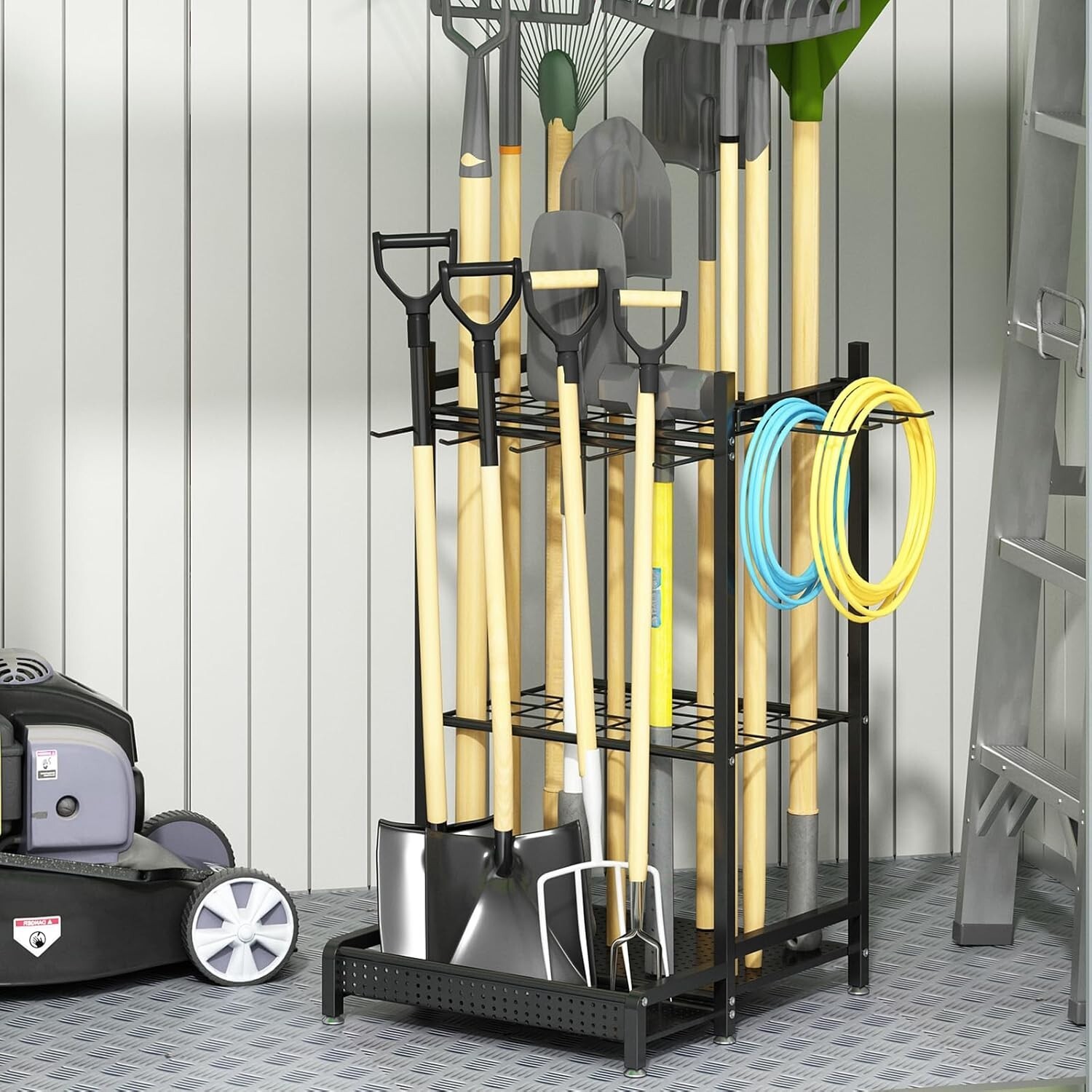 Garden Tool Organizer Garage Utility Storage Racks W/Hooks Metal Yard Tool Stand