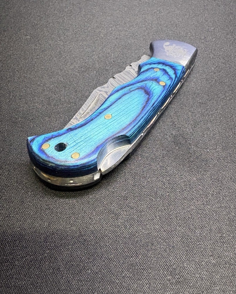 Custom J Wolfe Damascus Folder - Blue Handle Beauty