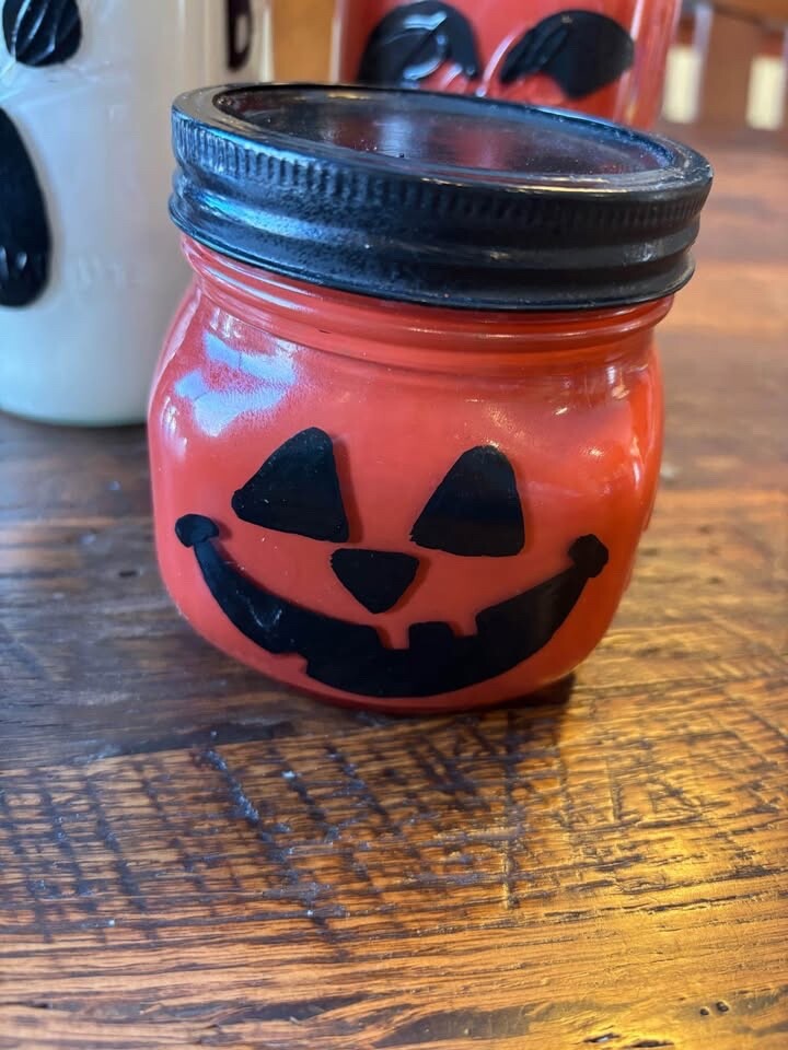 2 Pumpkins & 1 Ghost Painted Ball Jars