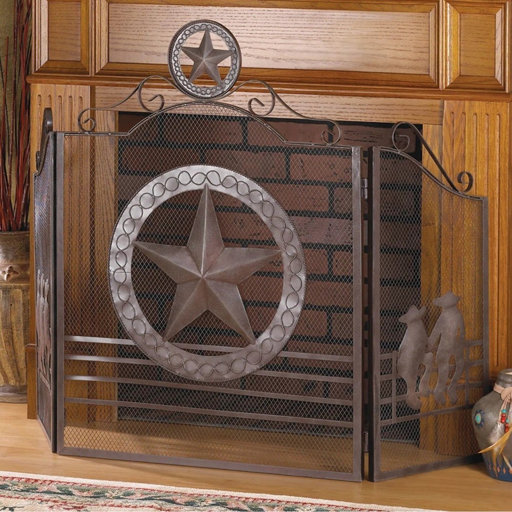 Texas Lone Star Fireplace Foldable Iron Screen 3 Panel Spark Ember Guard 35" H