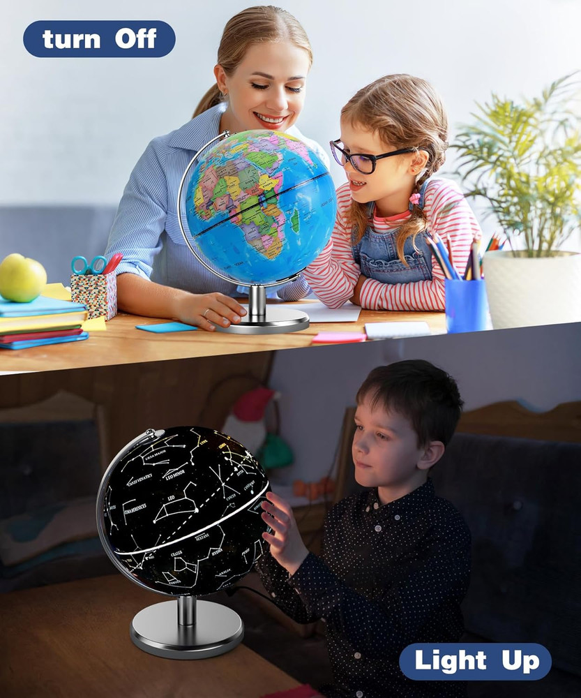 8'' Illuminated World Globe with Constellation Night Light, Educational Light up