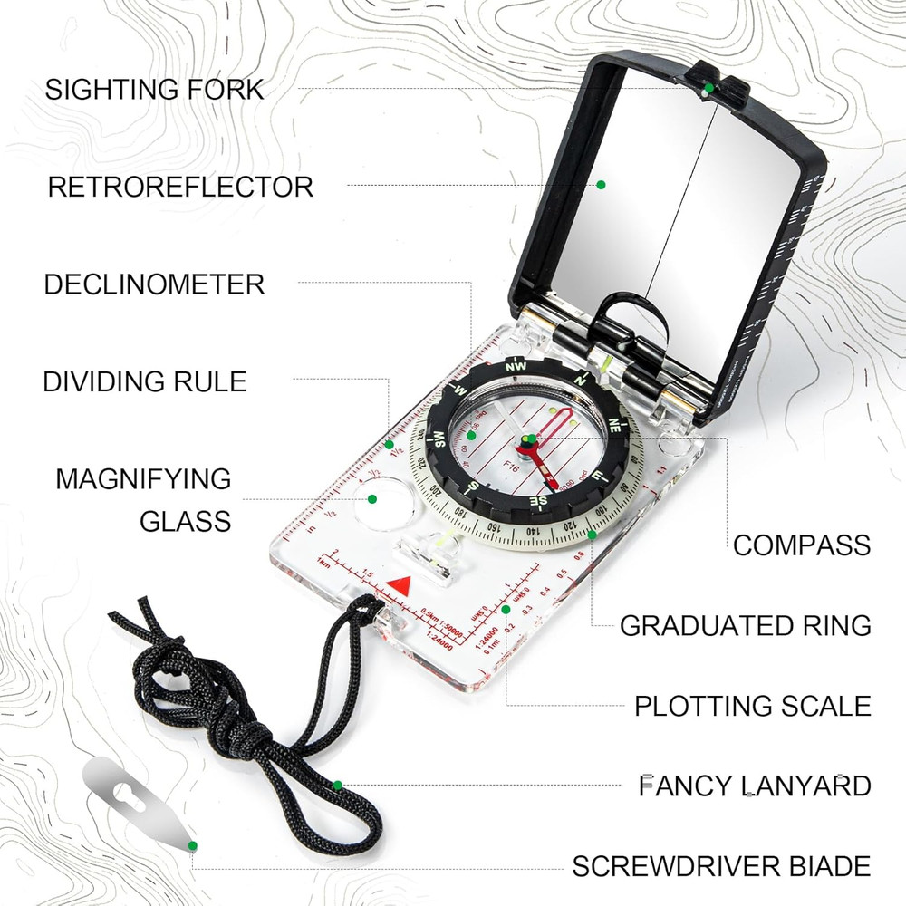 Orienteering Compass with Sighting Mirror - Adjustable Declination for Hiking &