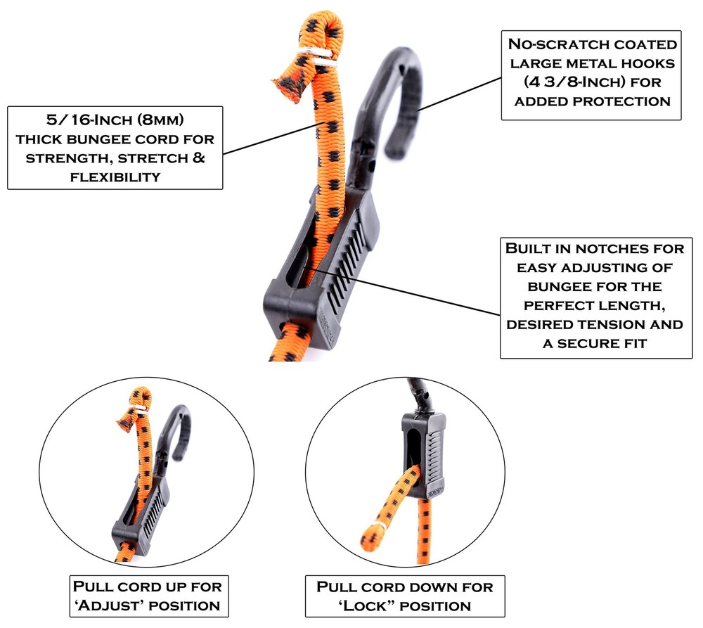 10 Pack 48" Adjustable Bungee Cords with Hooks Orange Black All Purpose