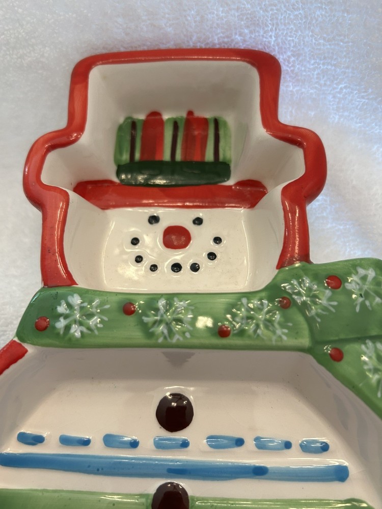 VINTAGE CERAMIC SNOWMAN TWO SECTIONED SERVING TRAY