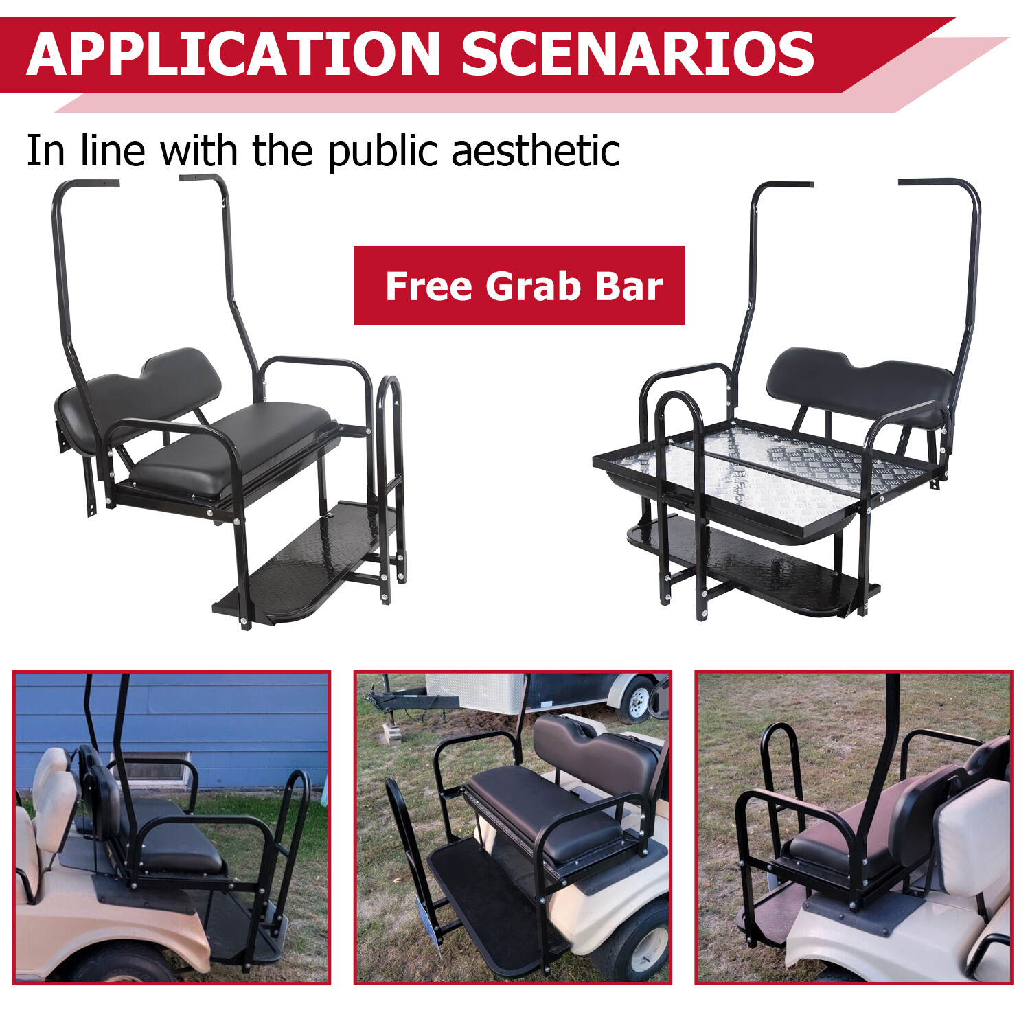Rear Seat Kit w/ Grab Bar for Club Car DS (1982-2000.5) Golf Cart - Black