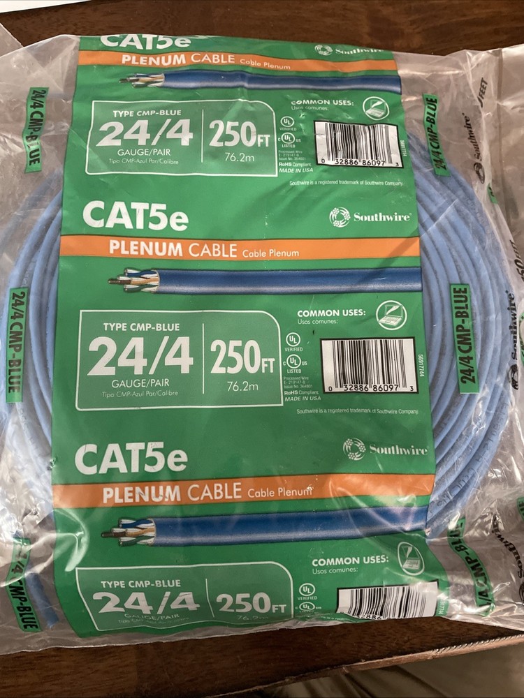 Southwire CAT5E CMP Blue 24/4 250ft Plenum Cable