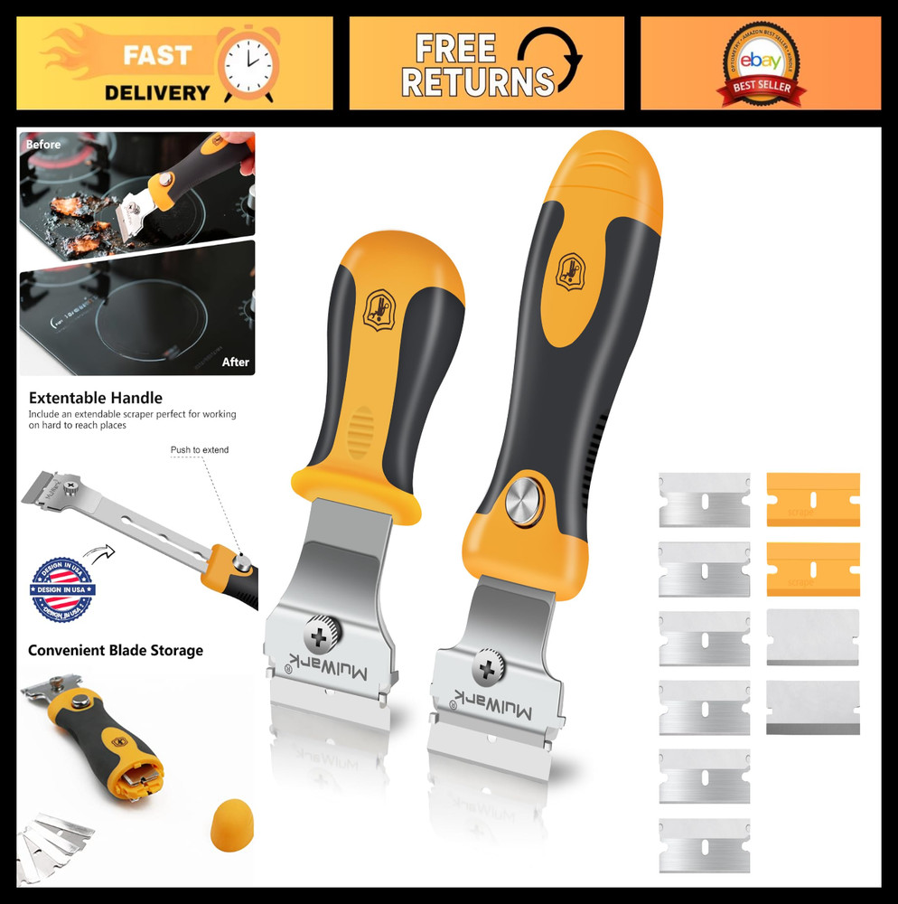 Heavy Duty Razor Blade Scraper Set - 2 Handles, 12 Extra Blades, Extendable Tool