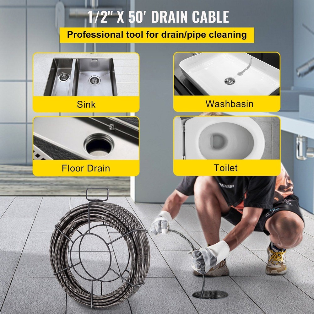 VEVOR Drain Cleaning Cable 50 Feet x 1/2 Inch Solid Core Cable Sewer Cable Drain