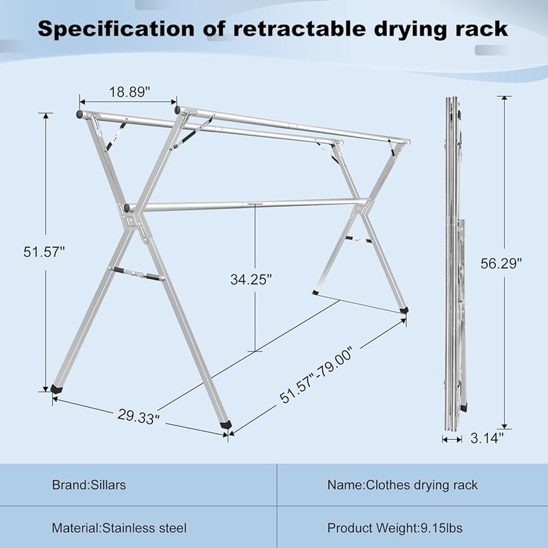 Foldable Stainless Steel Clothes Drying Rack Heavy Duty Adjustable Space Saving