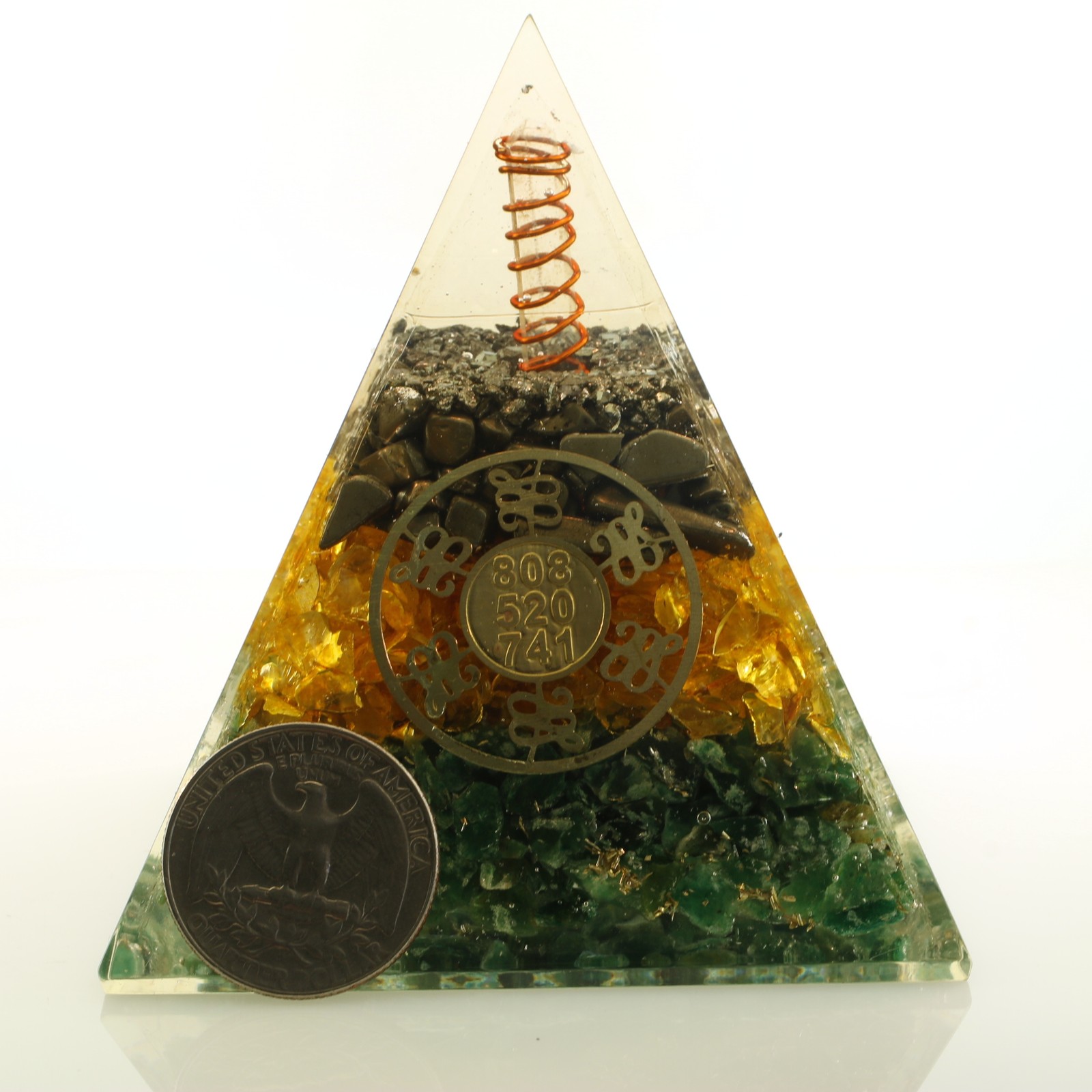 Pyrite Citrine, Aventurine Orgone Manifesting Pyramid 4in Tall EMF & 5G