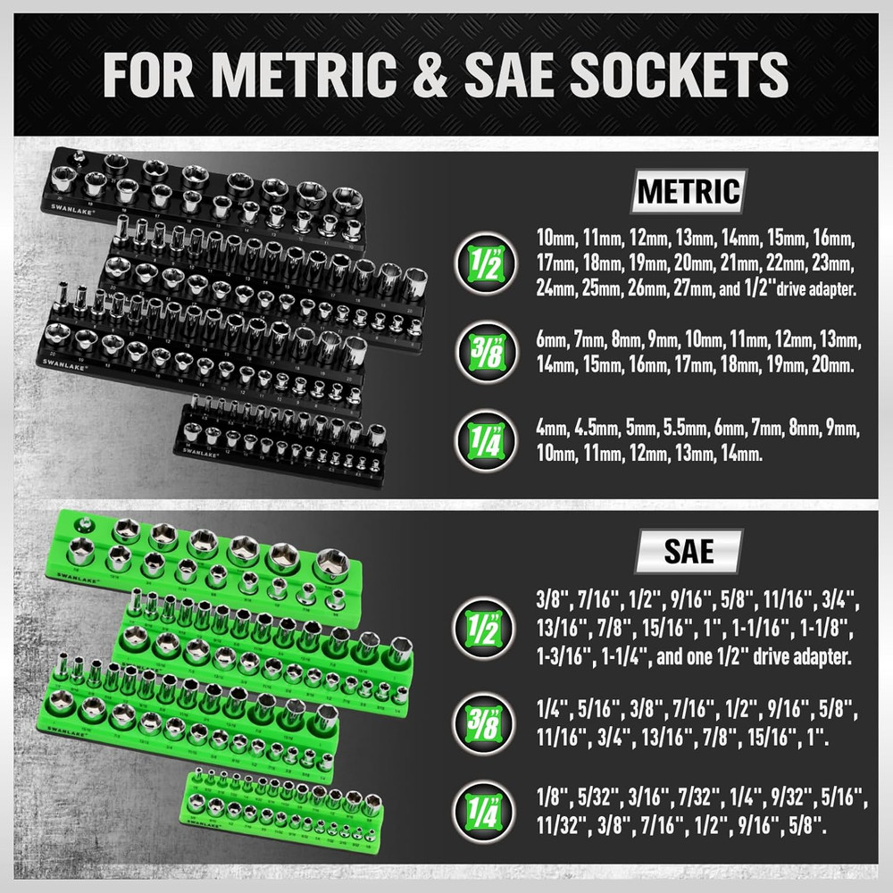 Magnetic Socket Organizer Holder Tool: 8PCS Set Includes 2PCS 1/4", 4PCS 3/8", 2