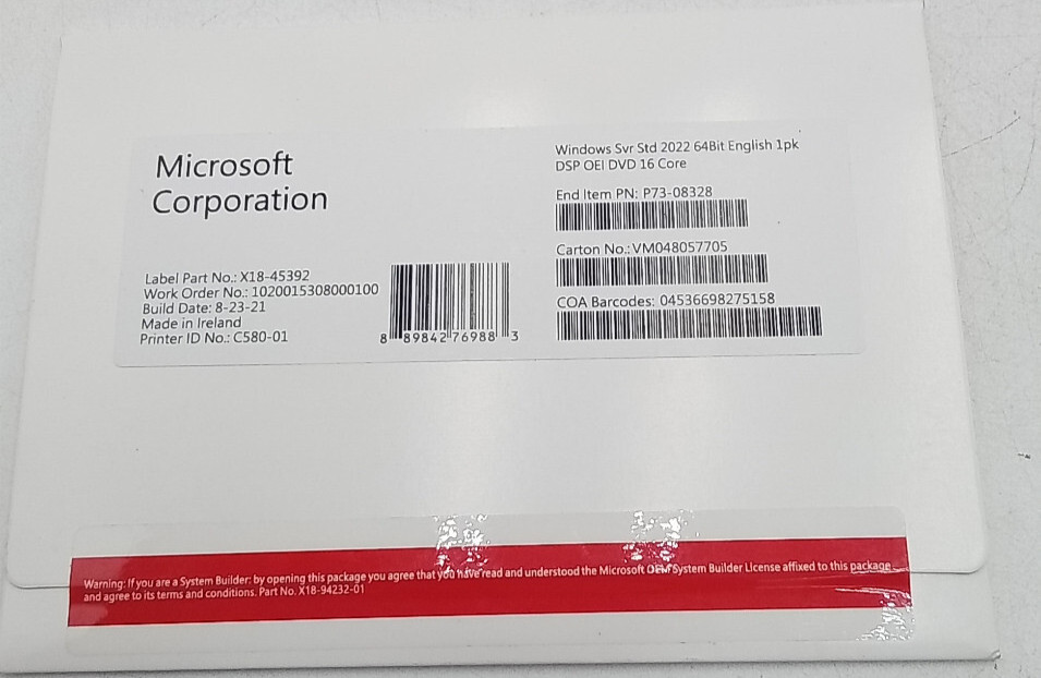Windows Server 2022 Datacenter 64bit 16 Core DVD + PRODUCT LICENSE KEY