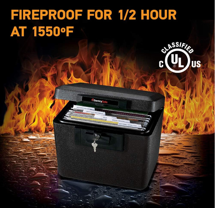 Black Fireproof Document Box with Key Lock, Safe Secures Files and Documents ..