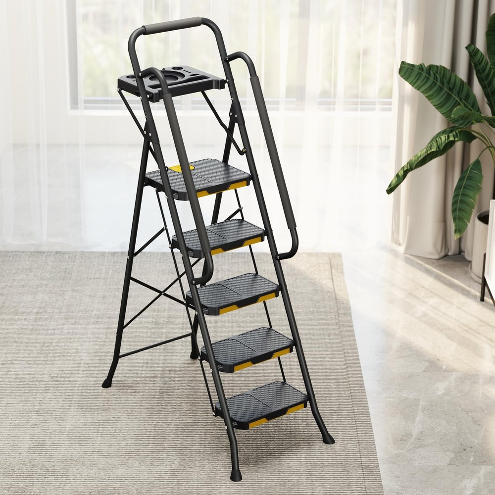 KINGRACK 5 Step Ladder with Tool Platform, Folding Step Stool with Handrails,...