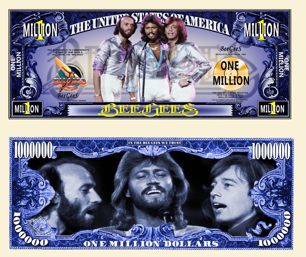 Bee Gees band Million Dollar Bill Play Funny Money Novelty Note + FREE SLEEVE