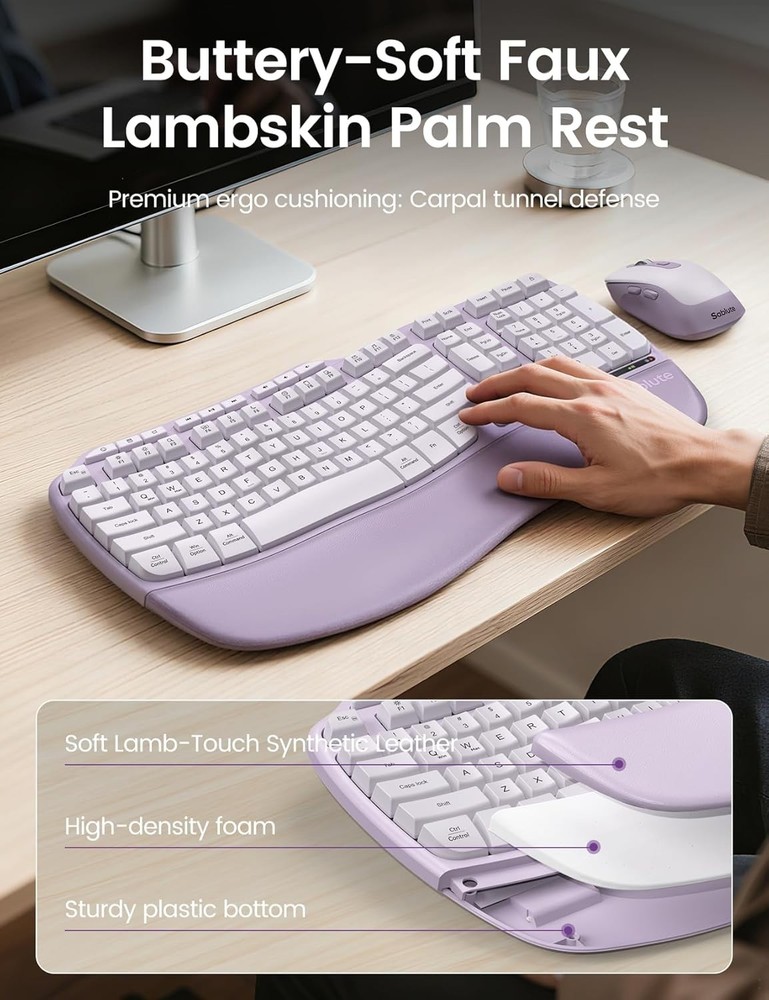 Ergonomic Wireless Keyboard Mouse Combo Purple Wave Design Silent