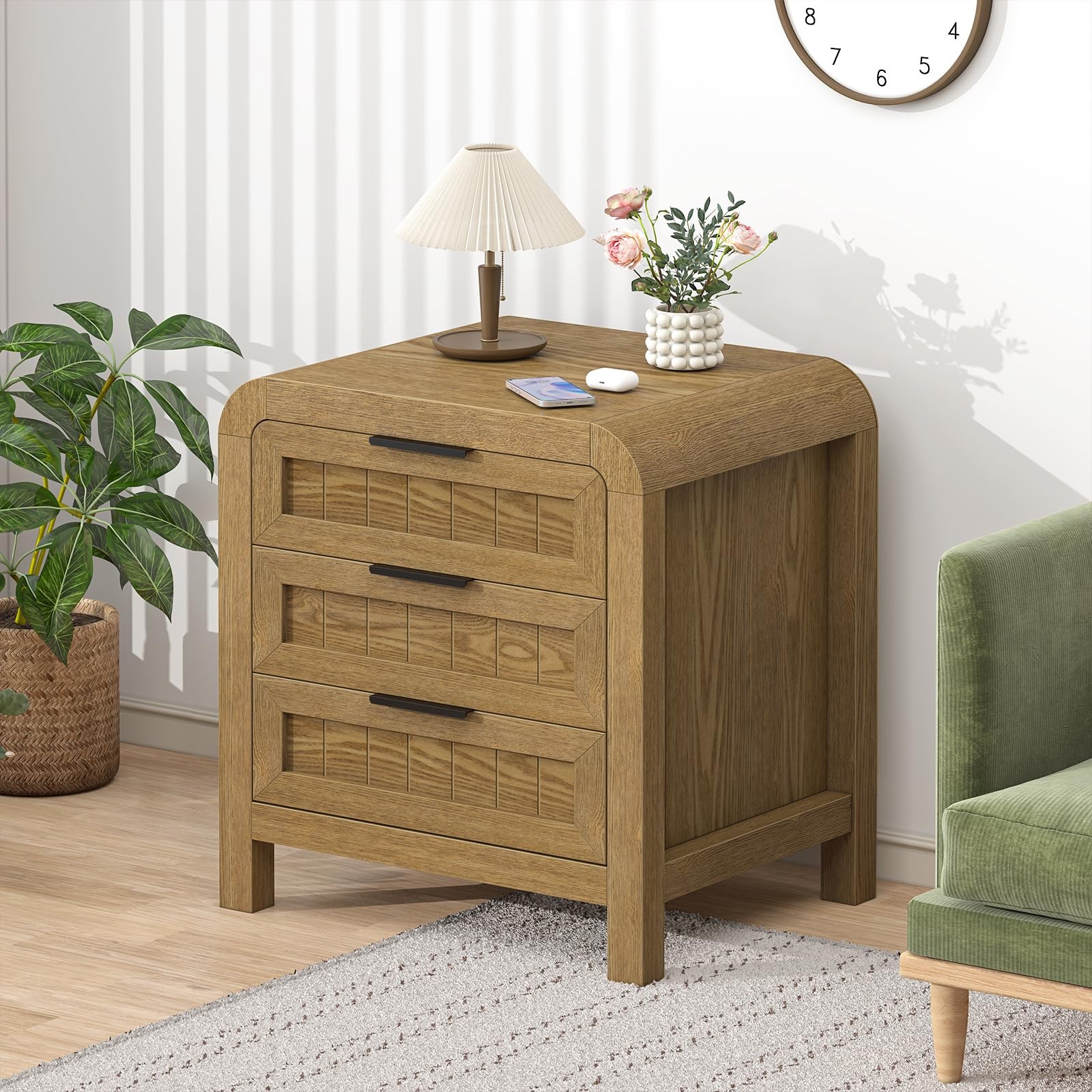 Curved NightStand Set of 2 with 3 Drawer 21" Solid Wood Nightstand