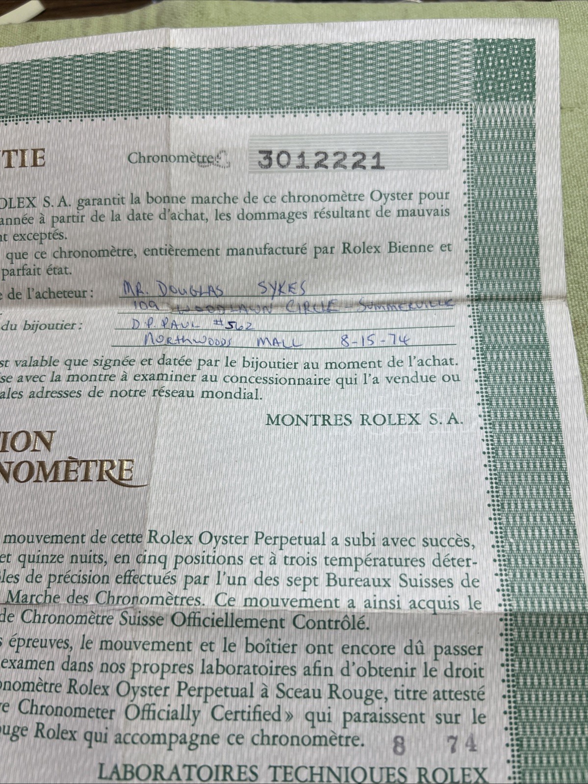 GENUINE Rolex Vintage watch Guarantee Warranty 1974 Certificate #301xxxx