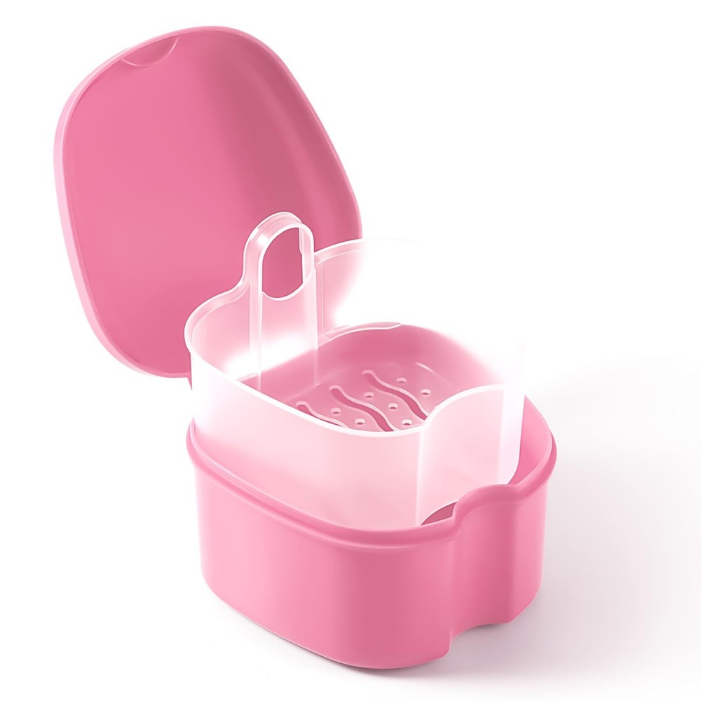 JMU Denture Bath Case, Cup for Soaking Dentures with Small, Pink