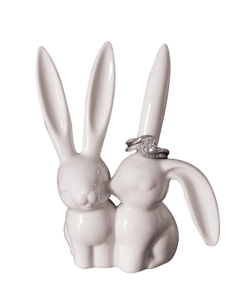 Creative Co-Op Ceramic Bunny Rabbits Ring Holder White